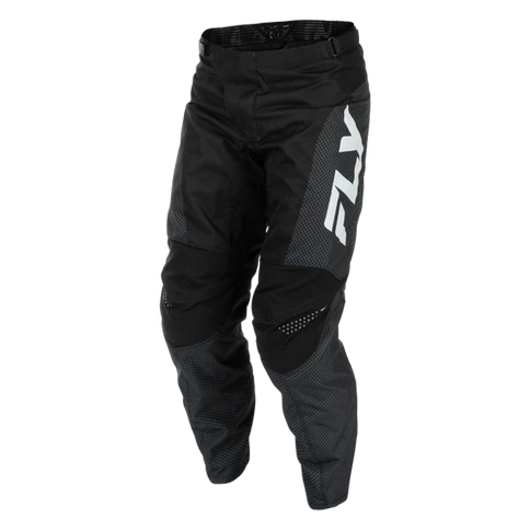 Fly F-16 MX pants in black and white, featuring durable racing design with adjustable waist and reinforced knee padding.