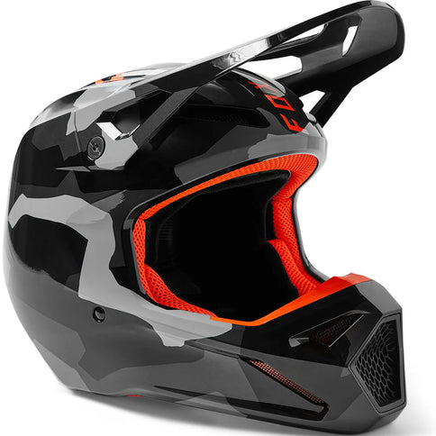 FOX V1 BNKR YTH MX helmet in gray camouflage, youth motocross helmet with protective design and ventilation features.
