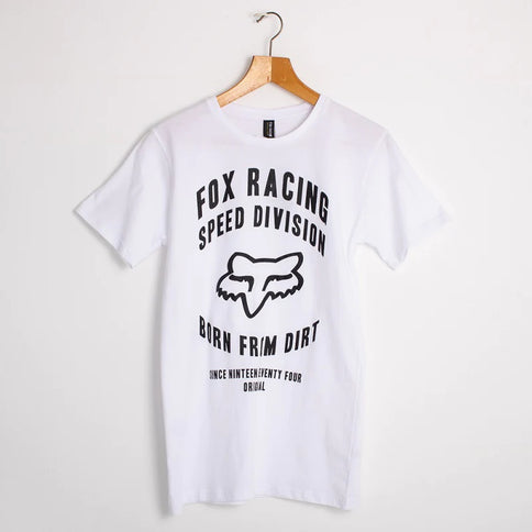 White FOX Revolutions SS Tee featuring a classic crew neck and graphic design on the front.