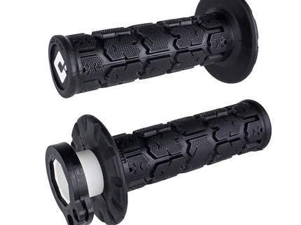 ODI Rogue MX lock-on grips in red and black with textured rubber surface for enhanced grip and control on motorcycle handlebars.