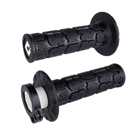 ODI Rogue MX lock-on grips in red and black with textured rubber surface for enhanced grip and control on motorcycle handlebars.