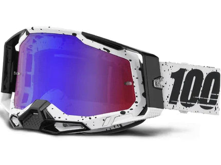 Racecraft 2 Trinity MX goggles with red and blue mirror lenses by 100%, featuring a sleek design and adjustable strap.