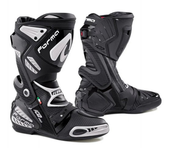 FORMA ICE PRO FLOW MX boots in black, featuring durable design and secure fit for motocross riding.