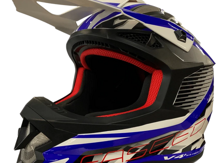 Faseed FS-609 MX helmet in white and blue with a sleek design, featuring ventilation vents and adjustable straps for motocross riding.