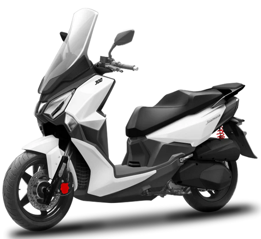 SYM Joyride 300 scooter in white with sleek design, front view showing handlebars and modern styling for motorcycles and scooters.