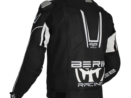 Back view of BERIK APEX Leather Jacket in black and white, a stylish road jacket with a sleek design and premium leather construction.