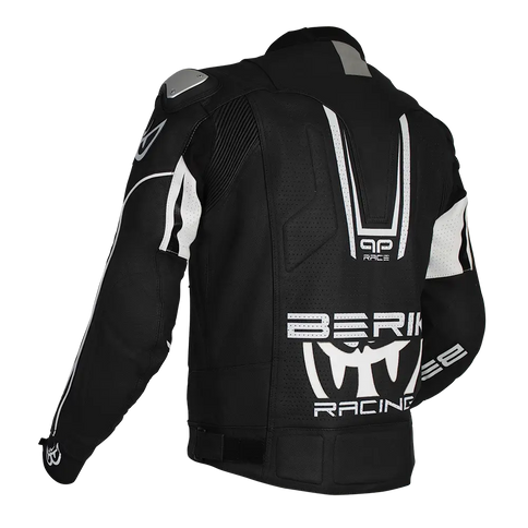 Back view of BERIK APEX Leather Jacket in black and white, a stylish road jacket with a sleek design and premium leather construction.