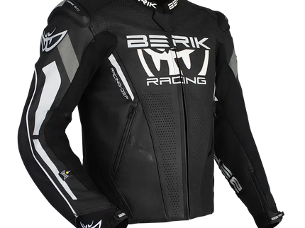 Black and white BERIK Apex leather road jacket with front view, featuring sleek design and durable leather construction.