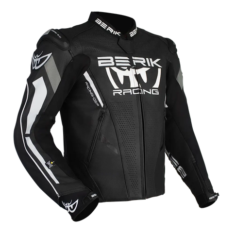 Black and white BERIK Apex leather road jacket with front view, featuring sleek design and durable leather construction.