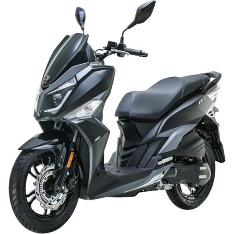 Black SYM JET 14 200 scooter parked outdoors, showcasing its sleek design and compact profile.