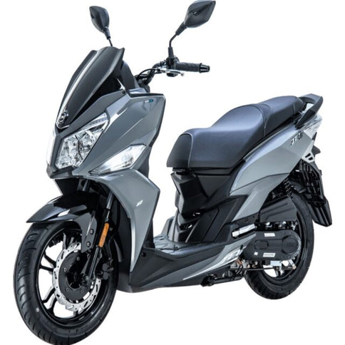 Gray SYM JET 14 200 scooter parked on a city street, showcasing its sleek design and modern features.
