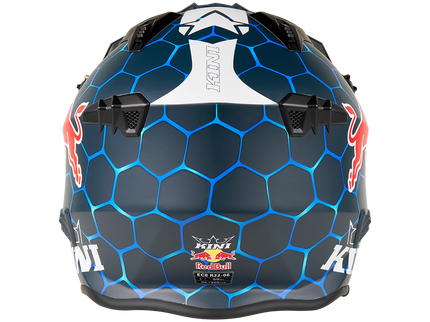 O'NEAL Kini Red Bull XDR blue road helmet with aerodynamic design, rear view showing ventilation and sleek branding.