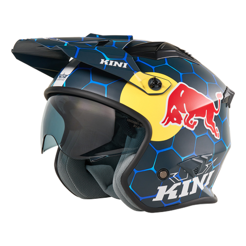 O'NEAL KINI Red Bull XDR blue road helmet shown from left side, featuring sleek design and ventilation for cycling.