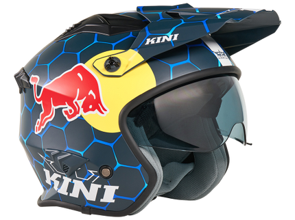 O'NEAL Kini Red Bull XDR Blue Road Helmet shown from the right side, featuring sleek design and safety features.