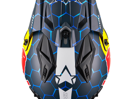 O'NEAL Kini Red Bull XDR 1.0 blue road helmet with aerodynamic design and adjustable straps, shown from the top view.