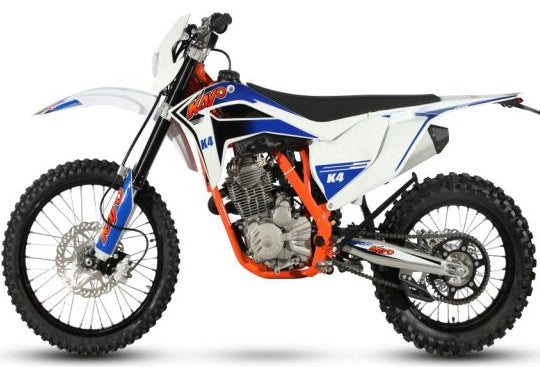 KAYO K4 Enduro motorcycle with rugged design and off-road tires, suitable for trail riding and adventure adventures.