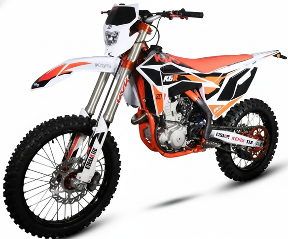 KAYO K6R Enduro off-road motorcycle with rugged tires and sleek black frame, designed for adventurous off-road riding.