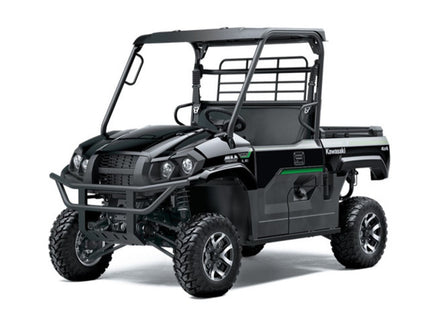 2023 Kawasaki Mule Pro-MX side-by-side utility vehicle with rugged design and off-road tires, black and green color scheme.