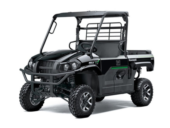 2023 Kawasaki Mule Pro-MX side-by-side utility vehicle with rugged design and off-road tires, black and green color scheme.