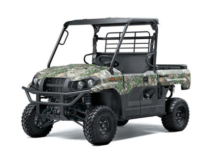 2023 Kawasaki Mule Pro-MX side-by-side utility vehicle in camo, featuring rugged off-road tires and durable build.