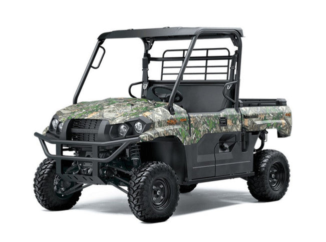 2023 Kawasaki Mule Pro-MX side-by-side utility vehicle in camo, featuring rugged off-road tires and durable build.