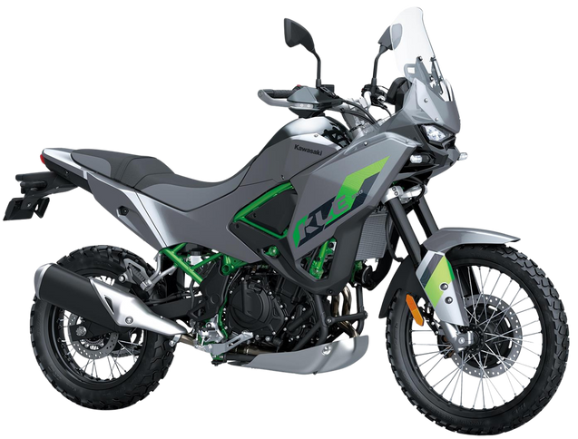 Grey Kawasaki KLE 500 adventure motorcycle shown from the right side, highlighting its rugged design and off-road capabilities.