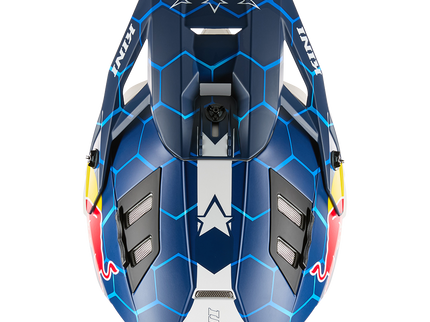 O'NEAL Kini Red Bull EXC MX helmet 1.0 in blue and white, showcasing its aerodynamic design and branding.