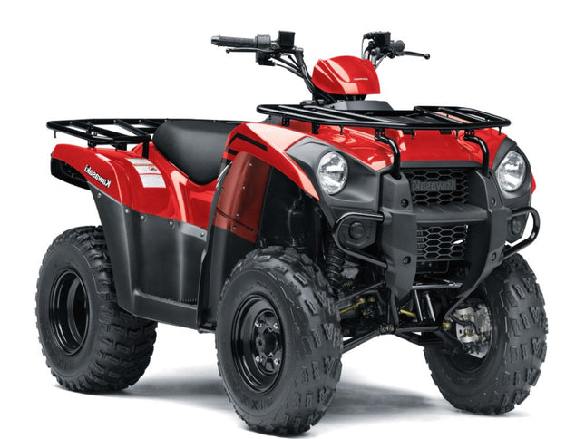 Red Kawasaki Brute Force 300 FI ATV with rugged tires and compact design for off-road adventures.