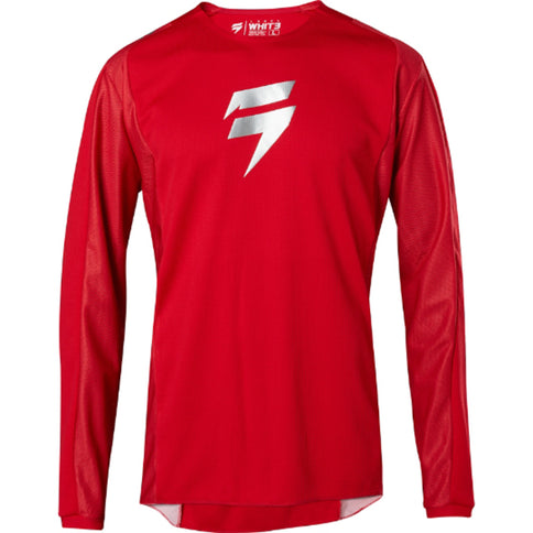 Red WHIT3 Label Bloodline MX jersey by SHIFT shown on a rider, featuring bold branding and lightweight, breathable fabric for motocross.