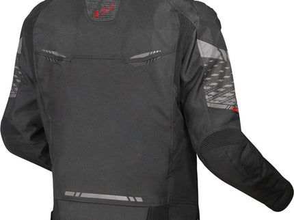 Black and dark grey LS2 Apex waterproof motorcycle textile jacket for men, designed for road riding and outdoor protection.