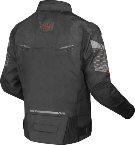 Black and dark grey LS2 Apex waterproof motorcycle textile jacket for men, designed for road riding and outdoor protection.