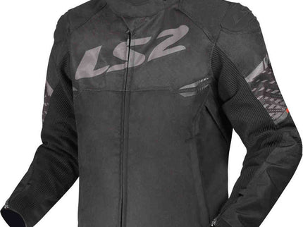 Black and dark grey LS2 Apex waterproof motorcycle textile jacket for men, designed for road riding and protection.