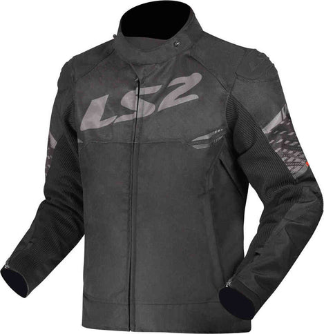 Black and dark grey LS2 Apex waterproof motorcycle textile jacket for men, designed for road riding and protection.