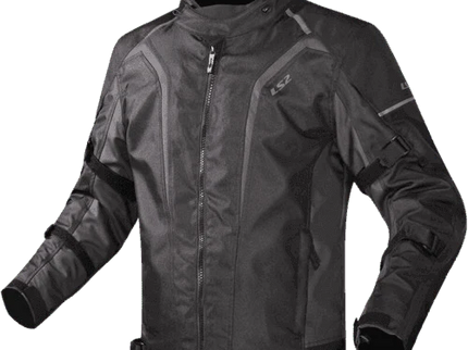 Black and dark grey LS2 men's Sepang road jacket with protective padding and sporty design, suitable for motorcycle riding.