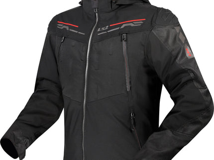 Black and red LS2 Zirconium waterproof motorcycle textile jacket for men, featuring protective armor and a sleek road jacket design.