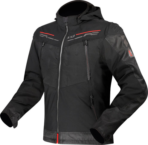Black and red LS2 Zirconium waterproof motorcycle textile jacket for men, featuring protective armor and a sleek road jacket design.