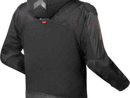 Black and red LS2 Zirconium waterproof motorcycle textile jacket for men, designed for road riding with protective features.