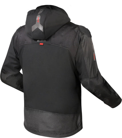 Black and red LS2 Zirconium waterproof motorcycle textile jacket for men, designed for road riding with protective features.