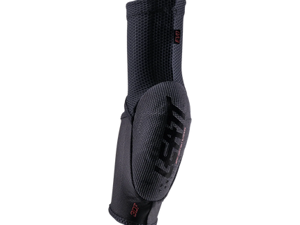 Black LEATT 3DF 5.0 EVO elbow guard showing protective padding and adjustable straps for secure fitting.