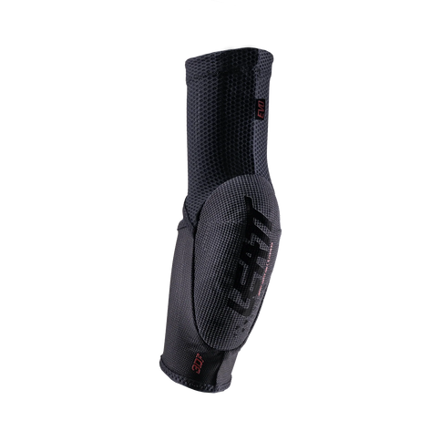 Black LEATT 3DF 5.0 EVO elbow guard showing protective padding and adjustable straps for secure fitting.