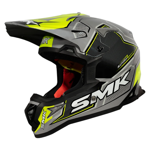SMK Allterra Maverix MX helmet in gray and yellow with adjustable visor and ventilation for motocross riding.