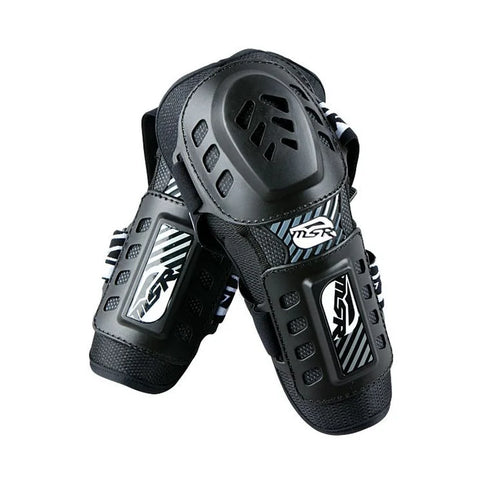 MSR Gravity Youth Black Elbow Guards by Leatt, padded protective gear designed for youth elbow protection during sports or riding.