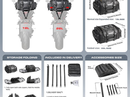 RHINOWALK MOTORCYCLE TAIL BAG - 19L - 26L (EXPANDABLE)