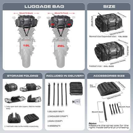 RHINOWALK MOTORCYCLE TAIL BAG - 19L - 26L (EXPANDABLE)