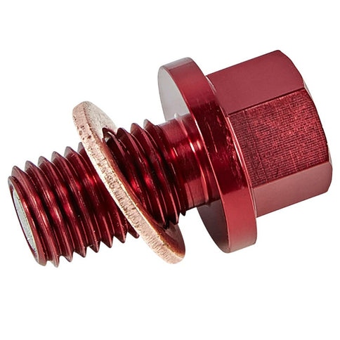 Red GYTR oil drain plug with magnetic tip for motorcycle oil pan, designed for secure oil drainage and leak prevention.
