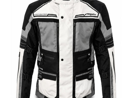 NEXO Navigator I adventure jacket in grey and black, featuring a durable outdoor design with multiple pockets and a high collar.