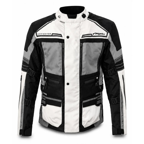 NEXO Navigator I adventure jacket in grey and black, featuring a durable outdoor design with multiple pockets and a high collar.