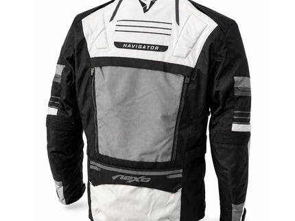Nexo Navigator I adventure jacket in grey and black, featuring a sleek design and outdoor-ready fabric for outdoor activities.