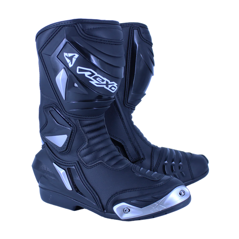 Black NEXO ARCUS MX motorcycle boots with sturdy design and reinforced ankle protection, suitable for motocross riding.