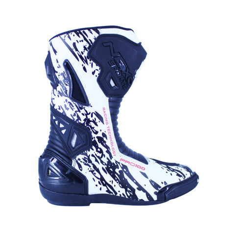 NEXO RA-31 Superbike MX boots in black and white with reinforced ankle protection and sturdy sole for motocross riding.